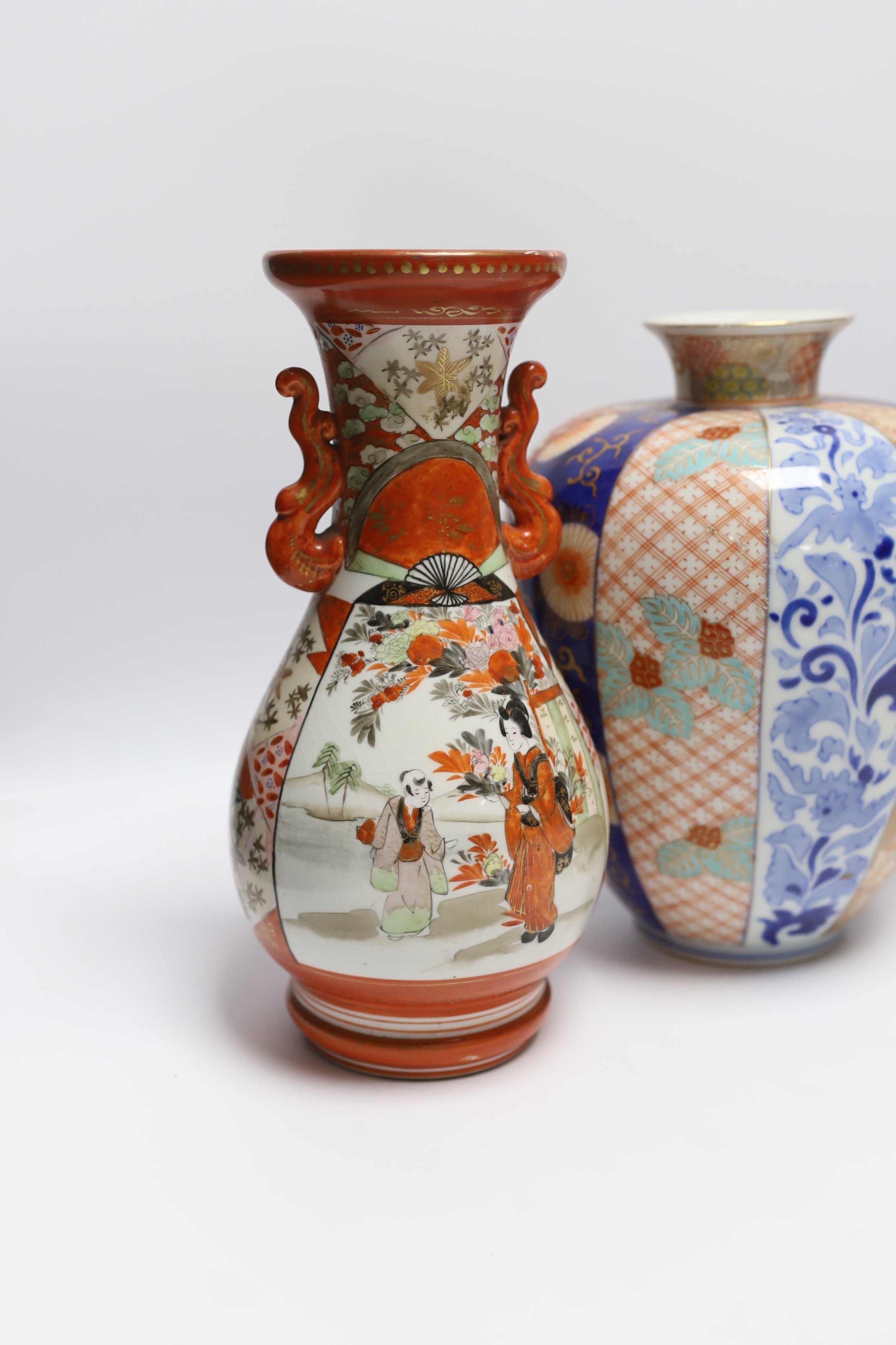 A pair of Japanese Imari vases, by Fukagawa and a pair of Kutani vases, Meiji period, tallest 25cm